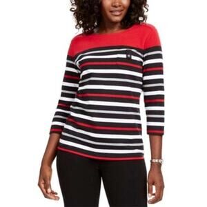 Women's Karen Scott 3/4 Sleeve Striped Sweater – New Red Amore Size: X-Small